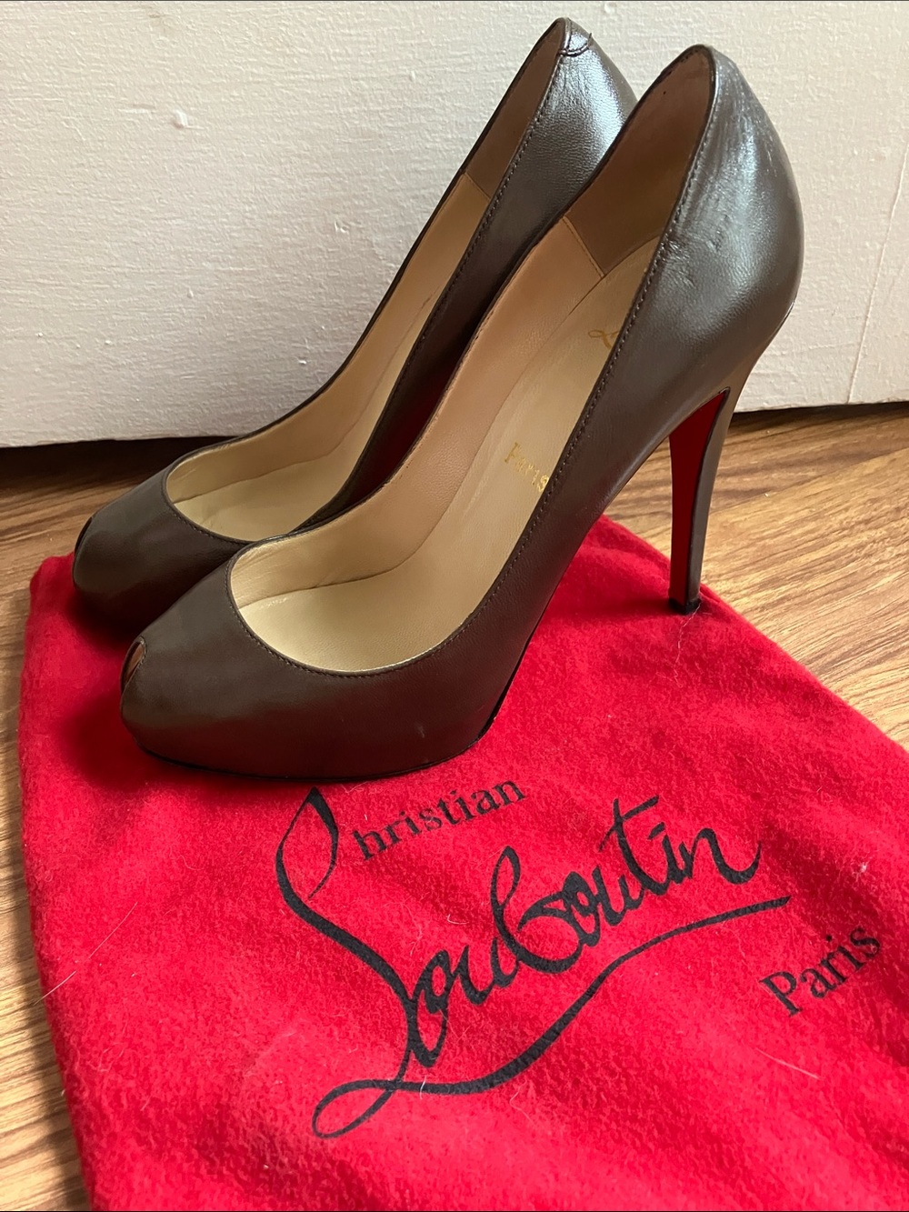 Christian Louboutin Brown Leather Peep-Toe Pumps